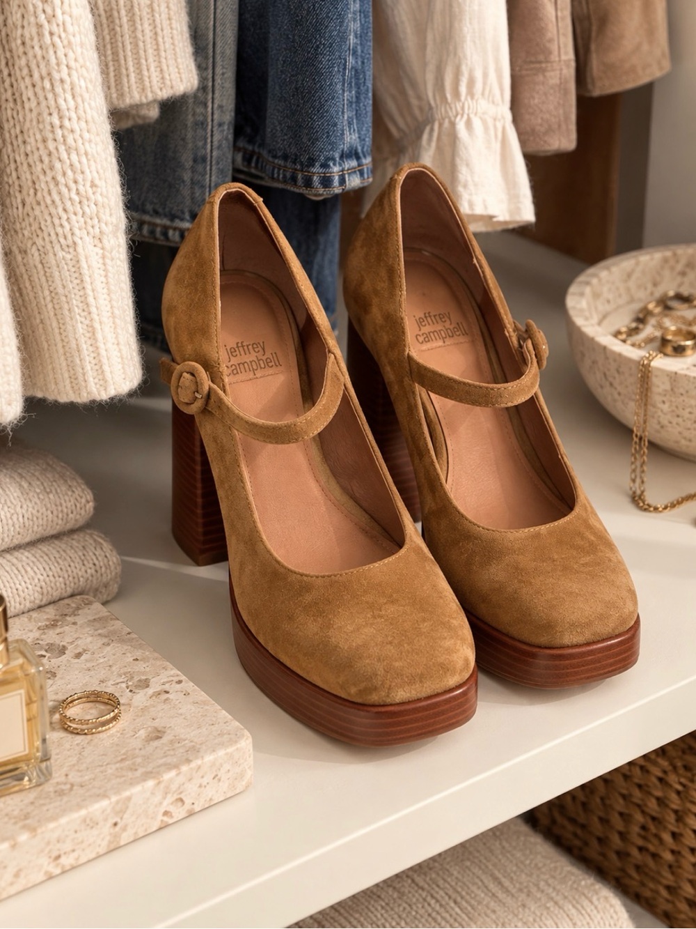 Jeffrey Campbell Mary Ann tan Brown Suede Platform Mary Jane platform block Heel
